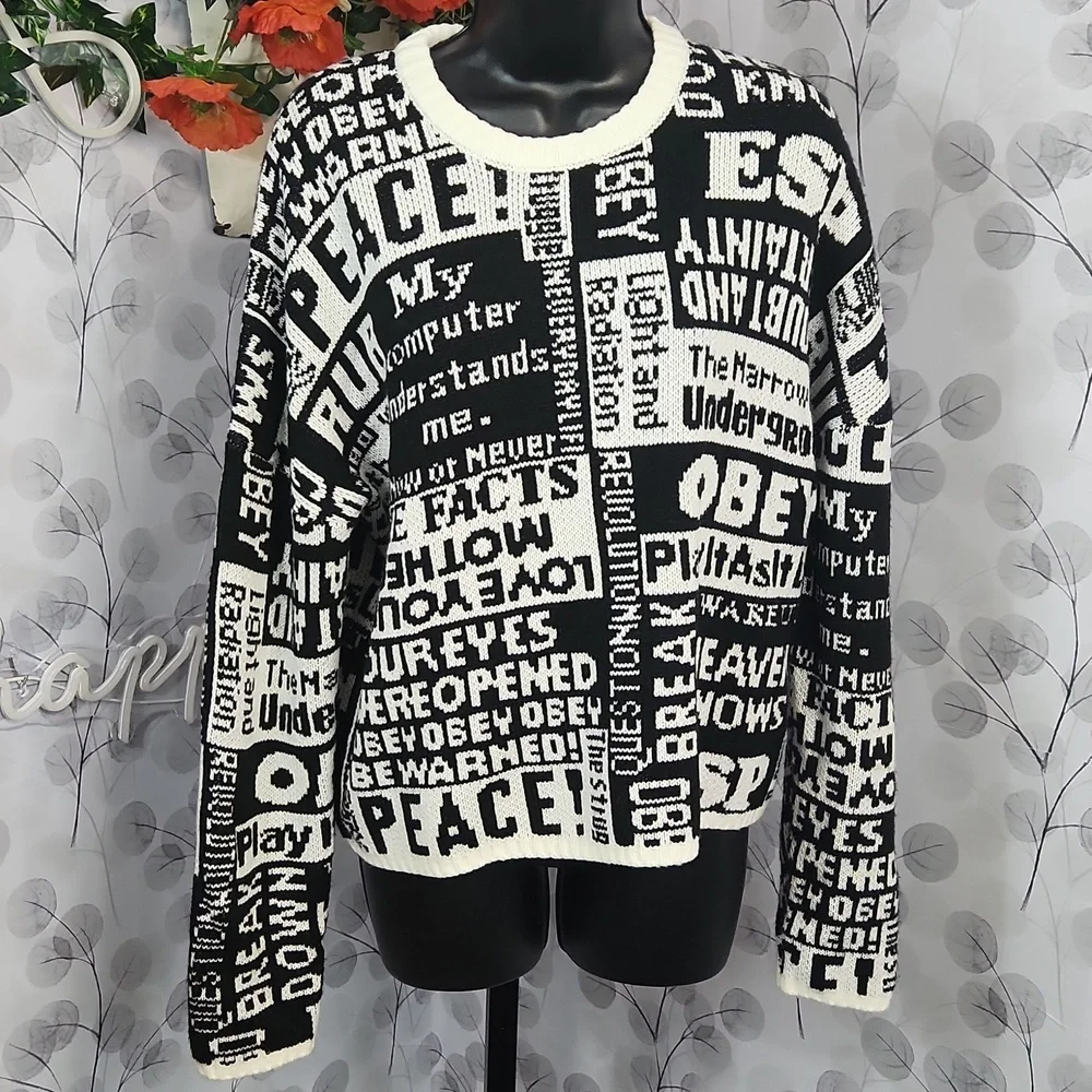 Obey Black & White Newsprint "Peace" Crewneck Sweater - Picture 3 of 7